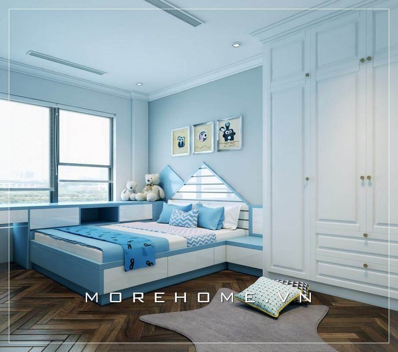 Giường ngủ gỗ công nghiệp với màu xanh sáng làm nên điểm nhấn cho không gian phòng ngủ của trẻ em.